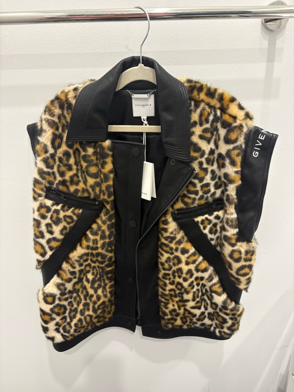 Givenchy Black and Cream Leather Coat with Chain Tag